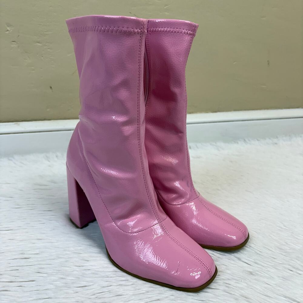 Delicious Square Toe Mid Calf Block Heel Pink Ankle Bootie Size US Women's 8